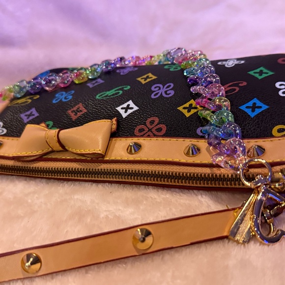 Black Multicolor Studded Monogram Shoulder Bag Tan Trim Bow Detail W Bag Chain! - Picture 8 of 12